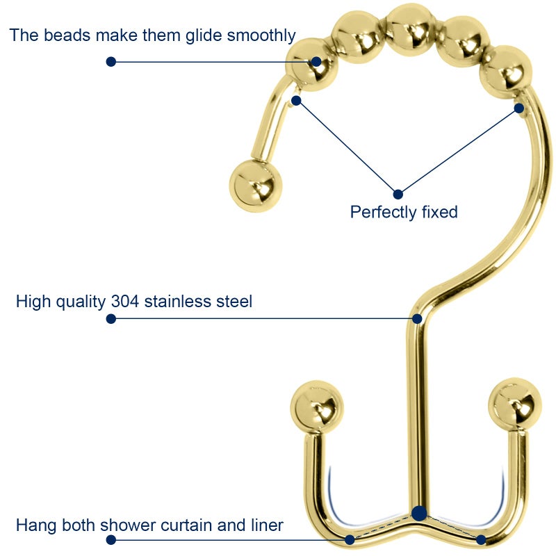 Gidse Shower Curtain Hooks Sturdy Stainless Steel Double Sided Shower Hooks Rings for Bathroom Shower Curtain Rods Curtains Set of 12 Hooks - Gold - Image 3